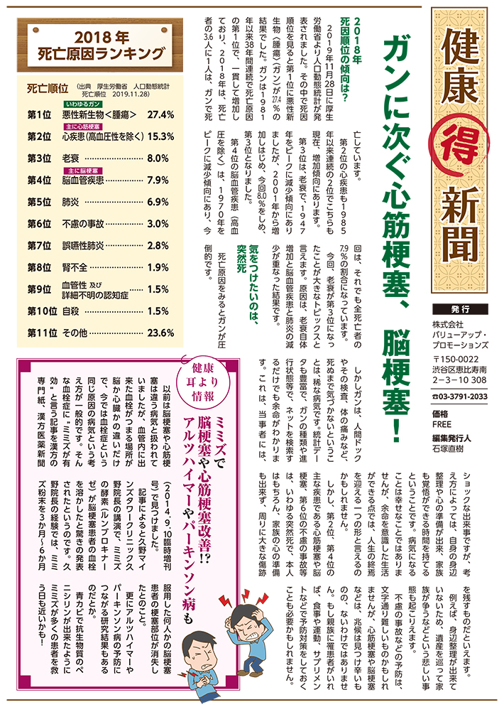 健康丸得新聞、がんに次ぐ心筋梗塞、脳梗塞