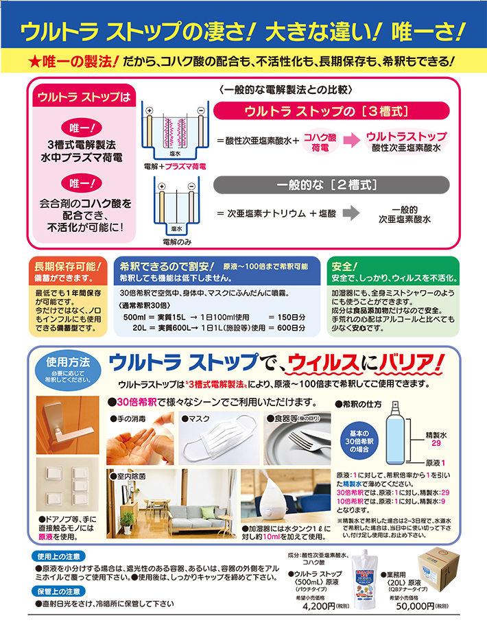 次亜塩素酸水の消毒液 ウルトラストップ ウイルス除菌